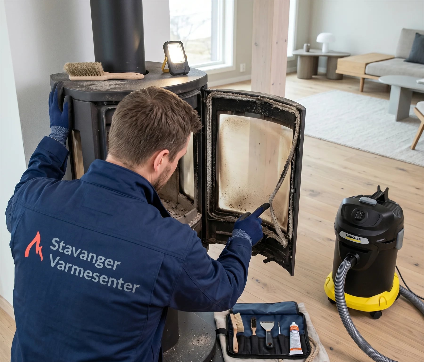 Tekniker utfører service på ovn hjemme hos kunde