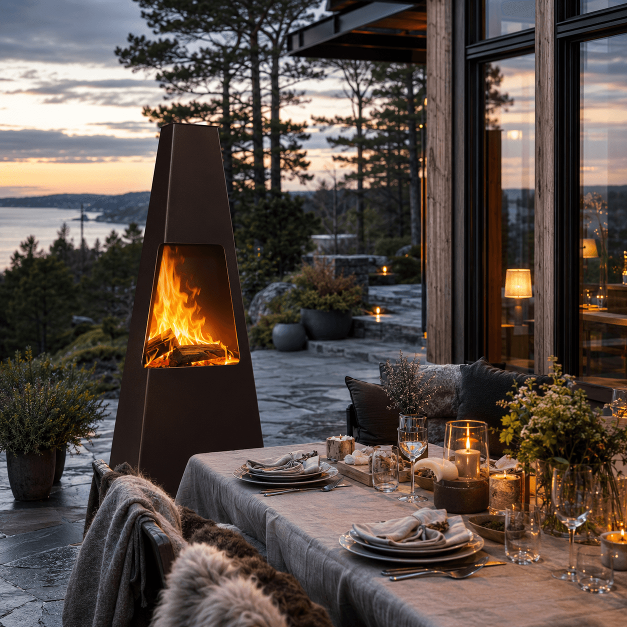 Utepeis med flammer på terrasse med dekket bord og utsikt over fjorden i skumringen