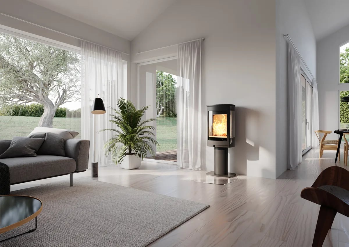 Nordpeis Duo 1 i vinterlig stue med god innsyn